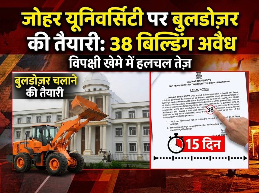 बड़ी कार्रवाही की तैयारी जोहर यूनिवर्सिटी में 38 इमारतों पर चलेगा बुलडोज़र 2006 में बनी यूनिवर्सिटी और अब पता चला कि 38 बिल्डिंग अवैध हैं।